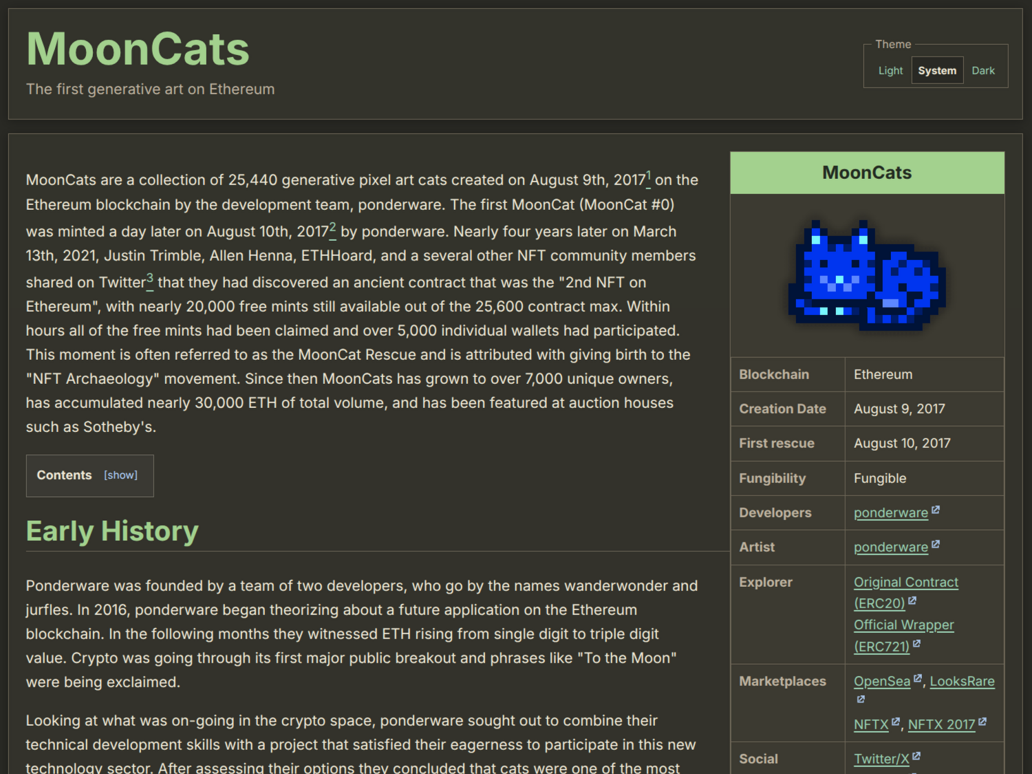 Screenshot of the MoonCat Wiki