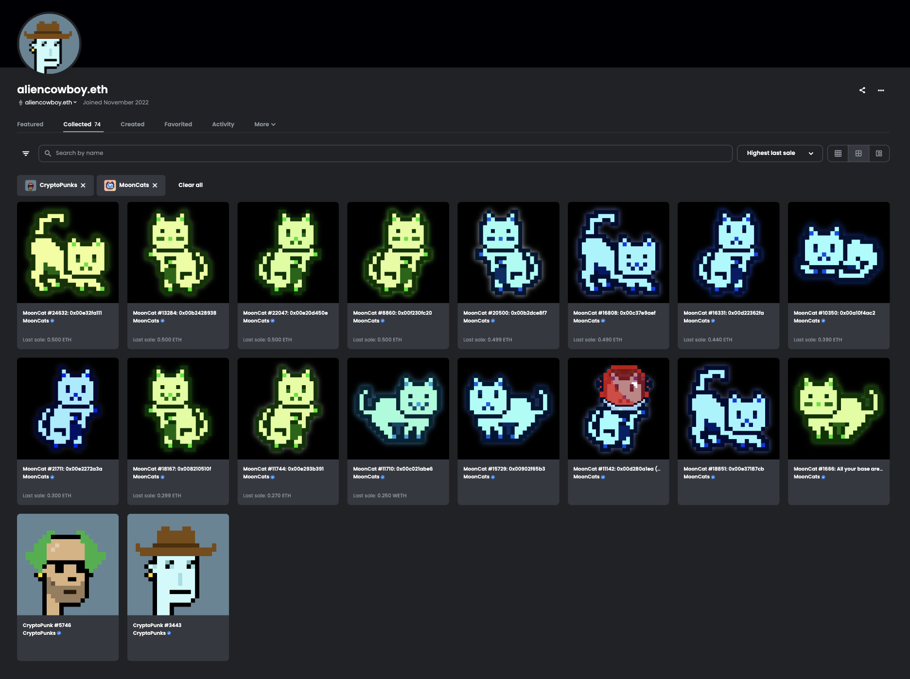 The collection of aliencowboy.eth with an Alien CryptoPunk and a handful of MoonCats which inspired the Alien and Zombie character cat narratives