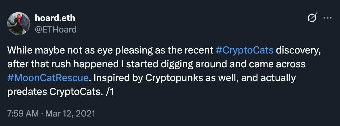 The tweet by user ETHoard.eth which triggered the rediscovery in March 2021